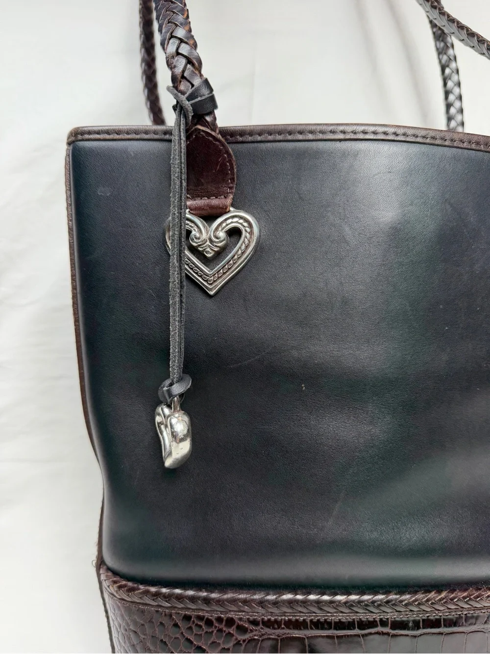 Brighton Black and Brown Leather Tote with Heart Hardware